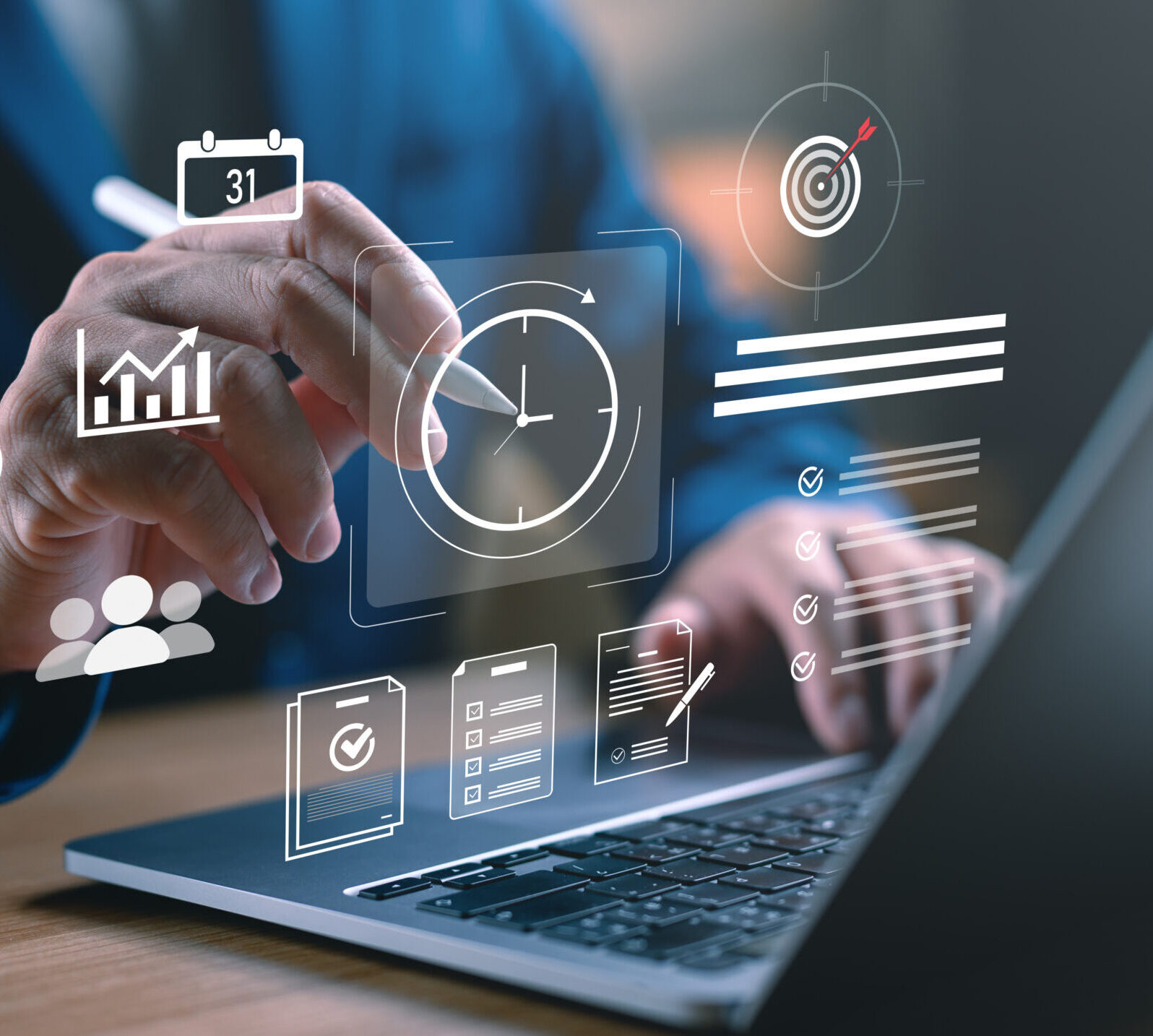 Business professional working on a laptop with clock and to do list interface, time management and productivity tools. Symbolizing task planning, scheduling, and efficient business workflow solutions.
