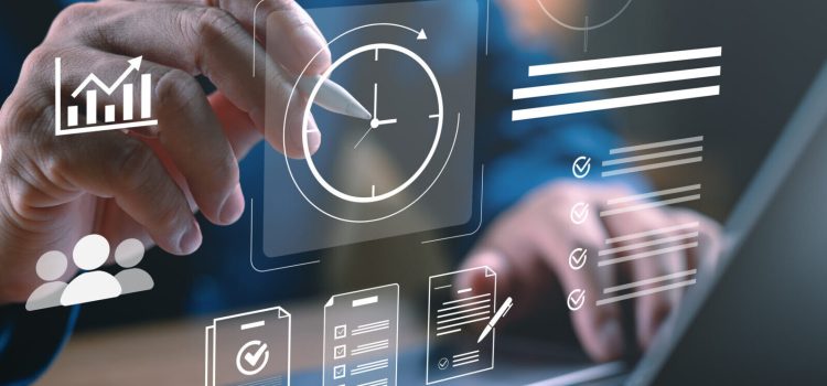 Business professional working on a laptop with clock and to do list interface, time management and productivity tools. Symbolizing task planning, scheduling, and efficient business workflow solutions.